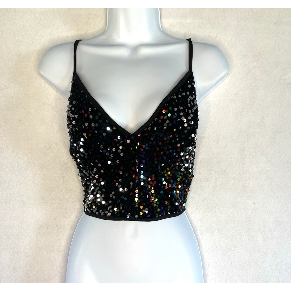Rainbow Sequin Bustier Crop Babydoll Top 1XL Festival Colorful Baddie Edgy Disco